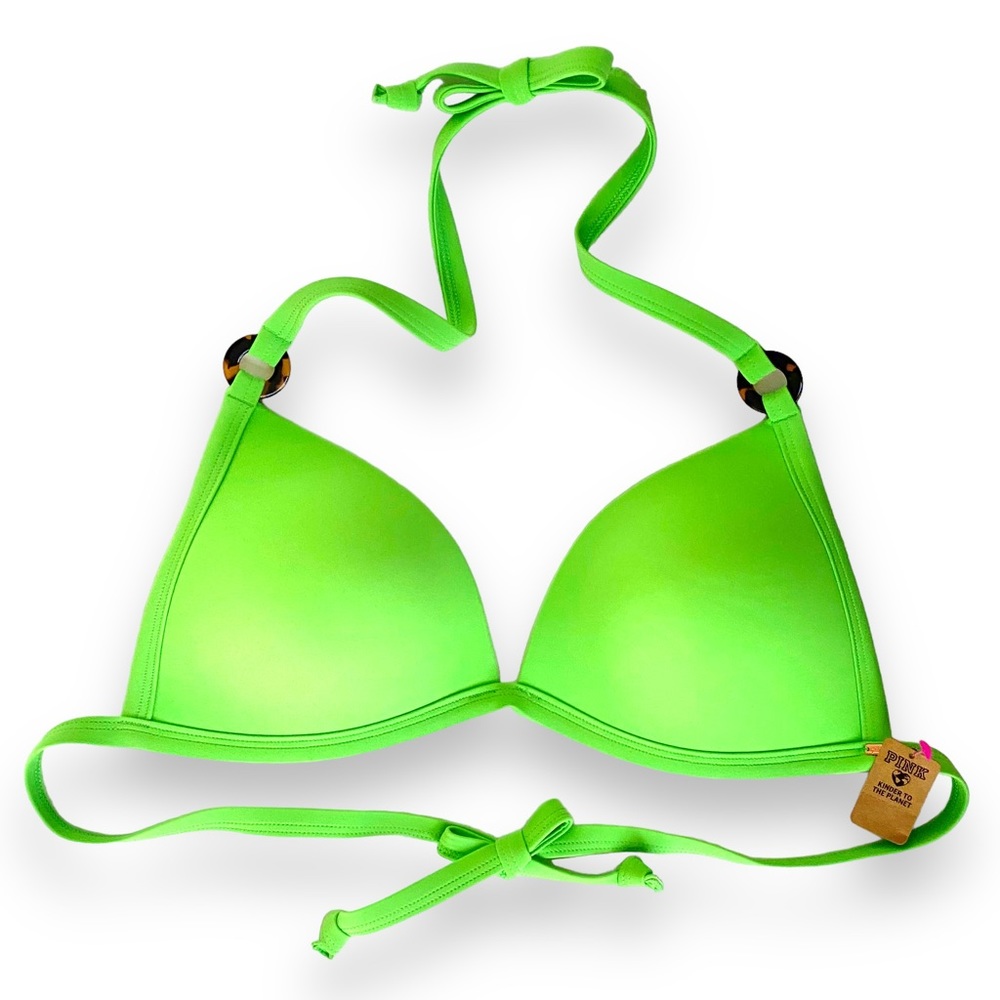 VS PINK Bright Neon Kiwi Green Push Up Rings Triangle Bikini Swim Top XL NEW